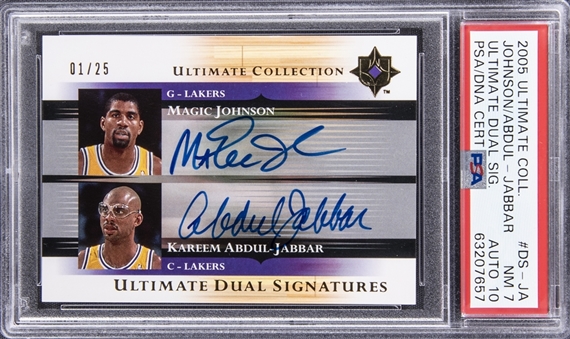 2005-06 Upper Deck Ultimate Collection "Ultimate Dual Signatures" #DS-JA Kareem Abdul-Jabbar & Magic Johnson Dual Signed Card (#01/25) - PSA NM 7, PSA/DNA 10